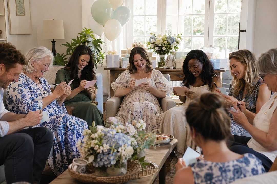 Guests at a baby shower laugh and write on pastel cards while the mom to be in a floral dress sits near gifts and balloons.