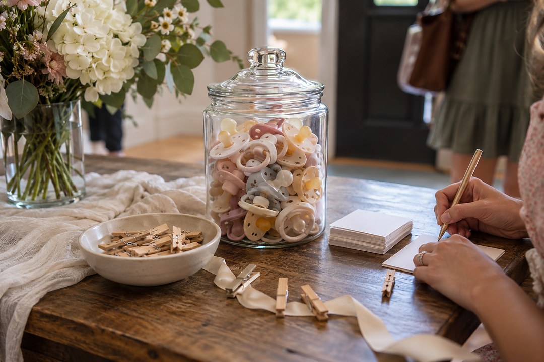 A jar of pastel pacifiers sits on a wooden table near a bowl of clothespins while hands write on a slip with a gold pencil.