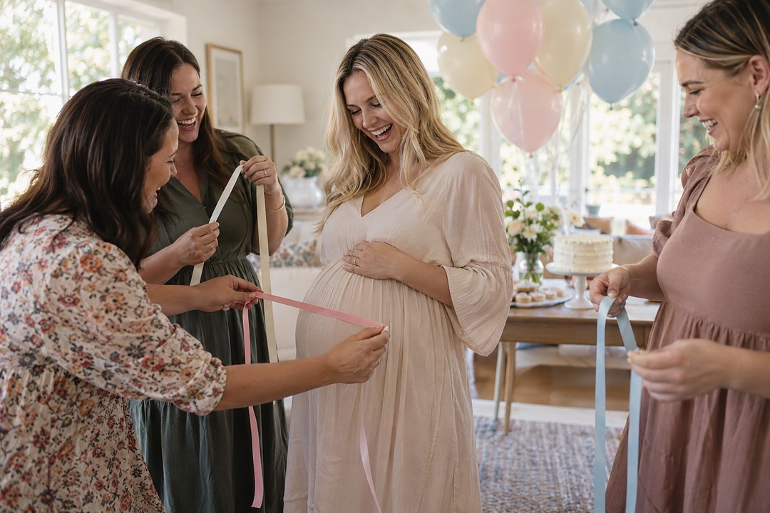 Pregnant woman in a blush dress laughs in a bright room while a friend stretches pink ribbon and two women hold blue and cream ribbons.