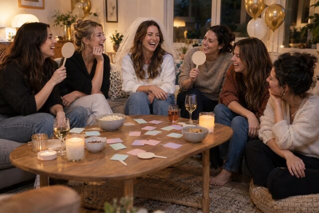 Six women sit laughing around a wooden coffee table, one in a short white veil and two holding round paddles above candles and wine glasses.