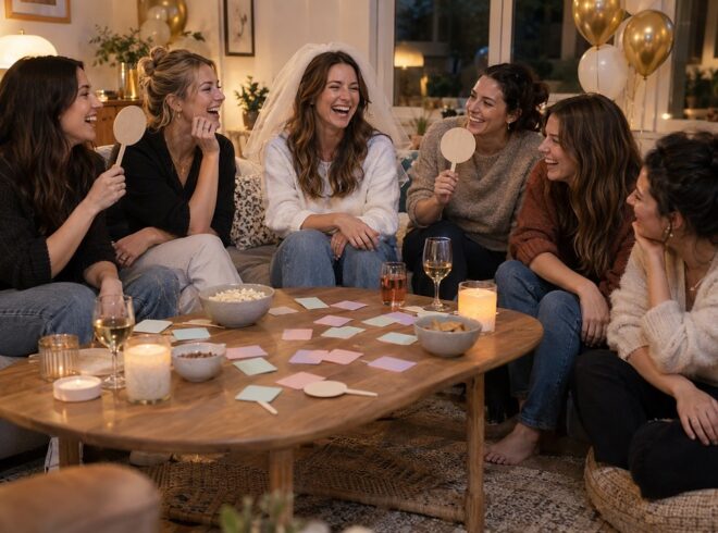 Six women sit laughing around a wooden coffee table, one in a short white veil and two holding round paddles above candles and wine glasses.