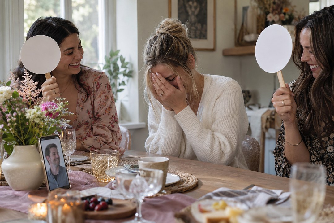 A laughing woman in a white sweater covers her face at a table while friends hold white round paddles beside a phone showing a smiling man.