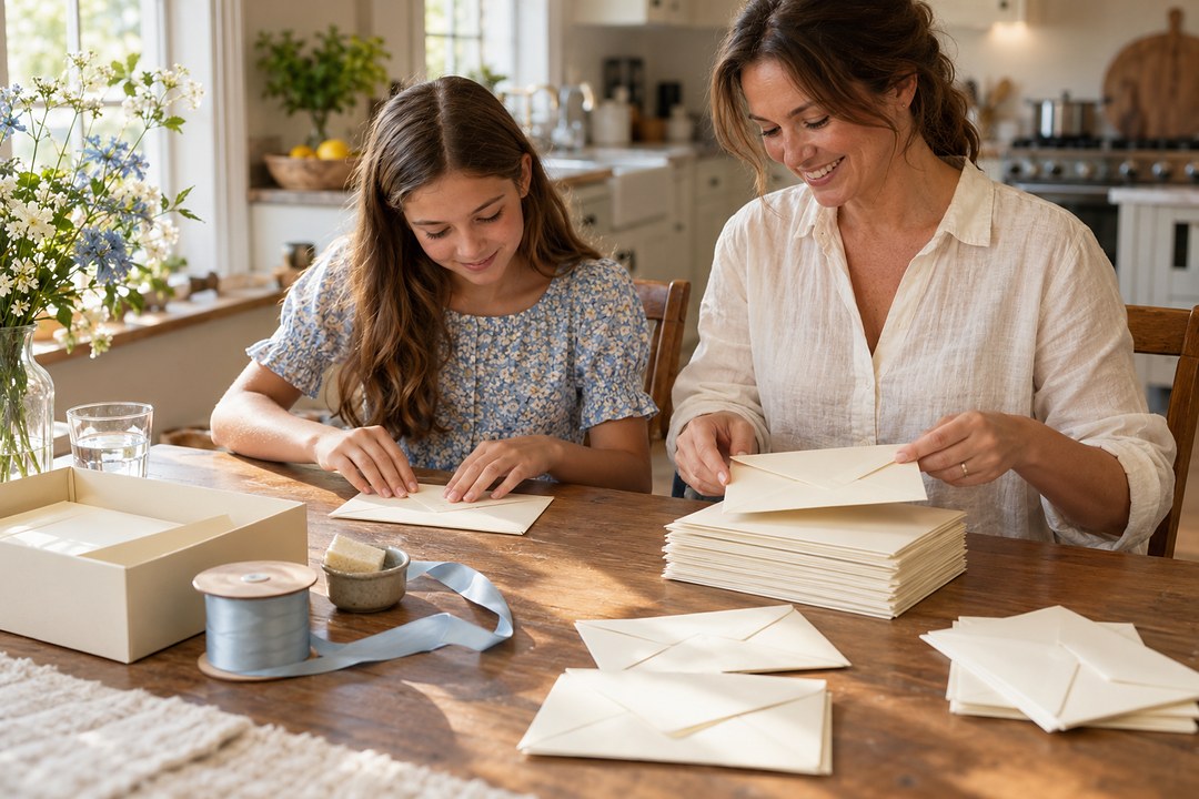 A woman in a white shirt and a girl in a blue top seal cream envelopes at a wooden table with pale blue ribbon and blue and white flowers.