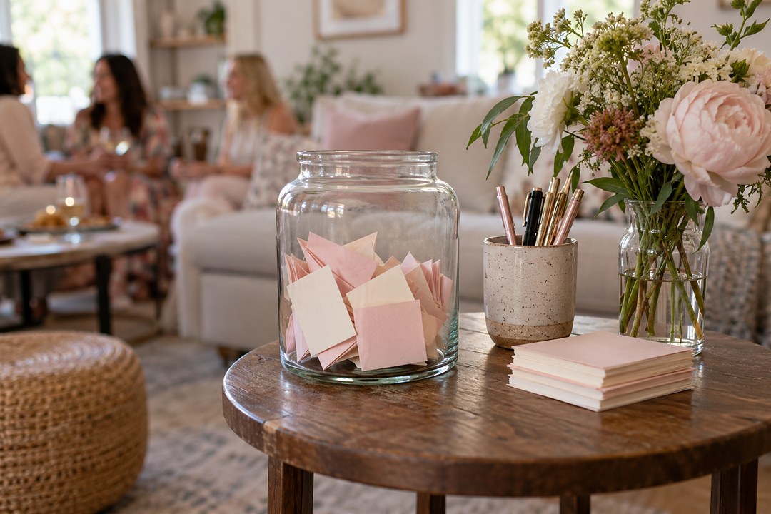 A round wooden side table holds a glass jar of folded blush notes, a speckled pen cup, pink note cards and a vase of peonies.