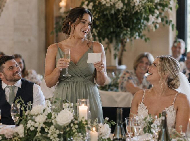A bridesmaid in sage green holds wine and a cream card while speaking as the bride laughs near white flowers and candles.