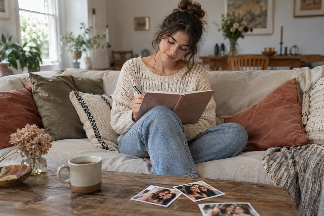 A woman in a cream sweater and jeans writes in a notebook on a sofa, with tea, dried hydrangea and snapshots on the table.