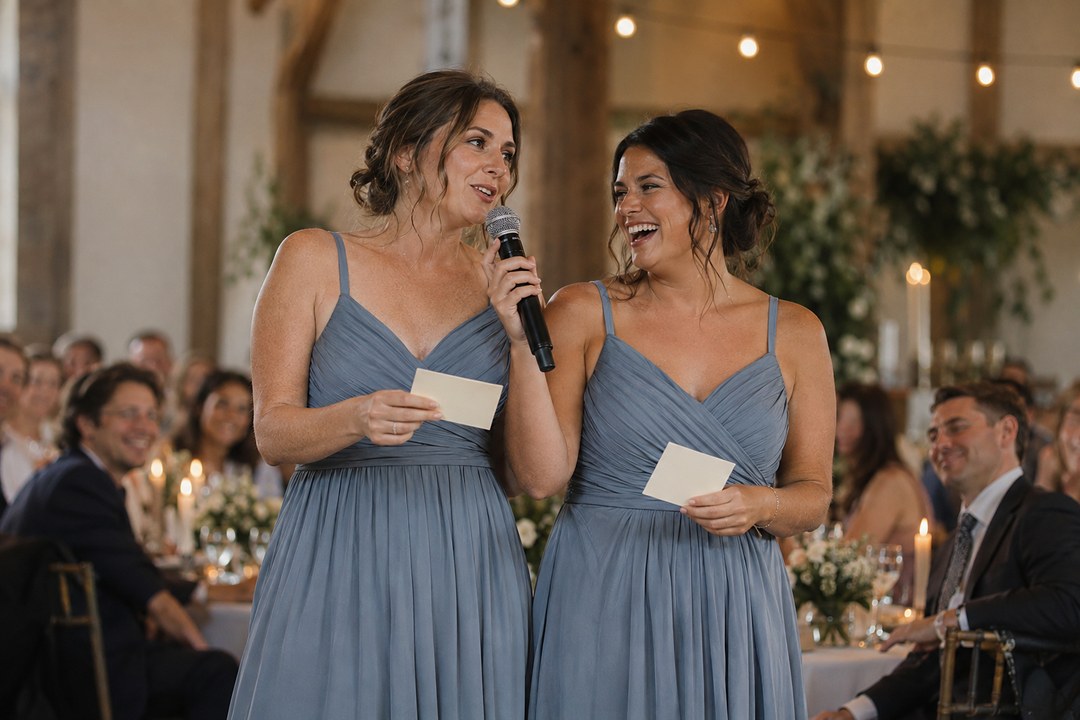 Two bridesmaids in dusty blue dresses share a microphone under string lights, one speaking, one laughing, note cards in hand.