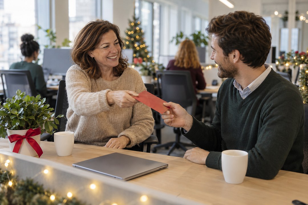 A woman in a cream jumper gives a red envelope to a smiling man across a desk in a fairy lit office with two mugs and a closed laptop.