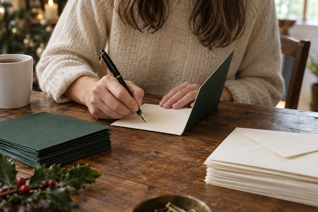 A person in a cream jumper holds a black fountain pen inside an open dark green card on a wooden table with green cards and cream envelopes.
