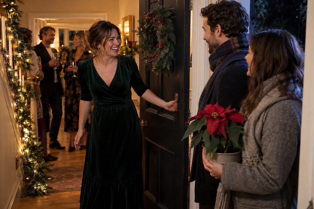 A smiling woman in a dark green velvet dress opens a black door with an evergreen wreath to greet a man in a tartan scarf.