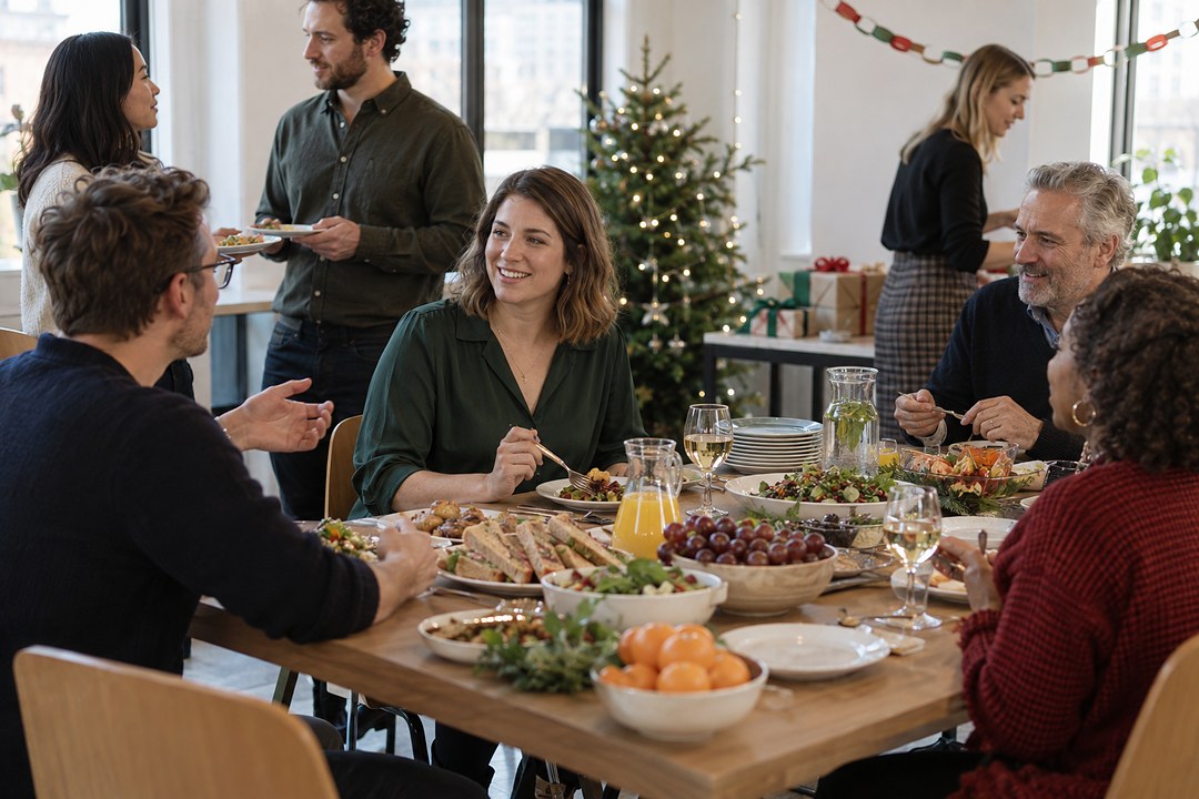 Coworkers share a Christmas lunch in a bright office around a wooden table with sandwiches, grapes and wrapped presents.
