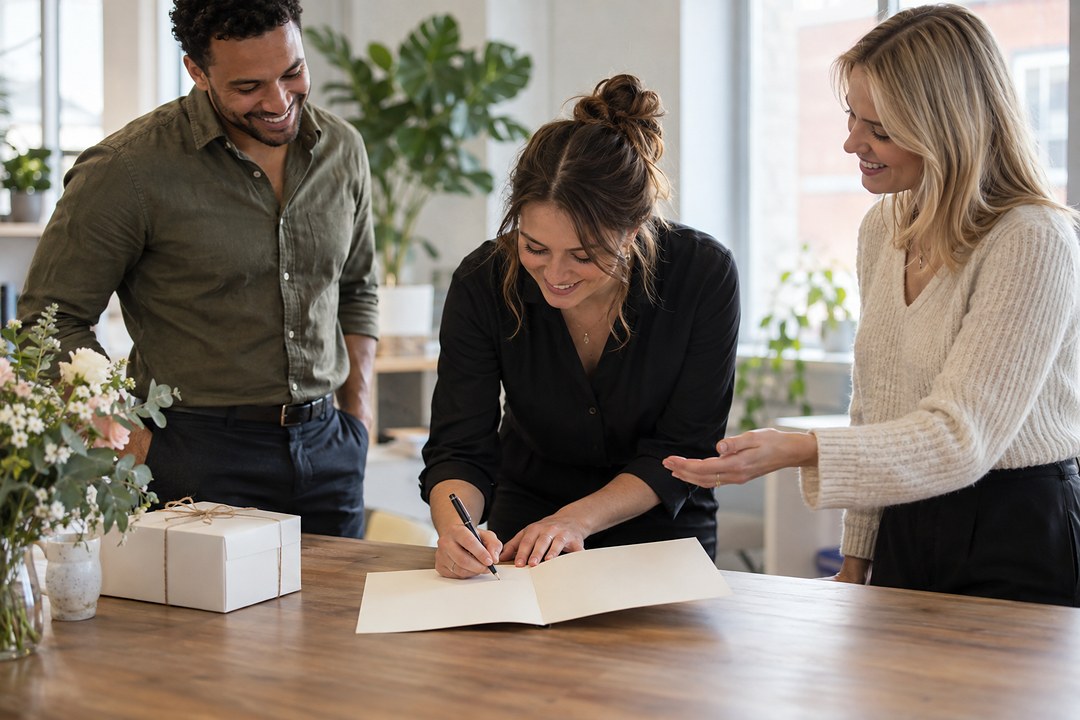 Three colleagues stand at a wooden desk in a bright office with a cream card, a pen, a white cake box, and a vase of flowers.