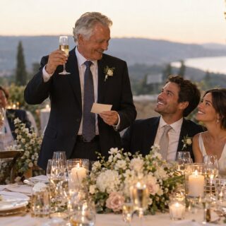 A man with gray hair in a dark suit raises champagne and a white note card at a candlelit table as the bride and groom smile.