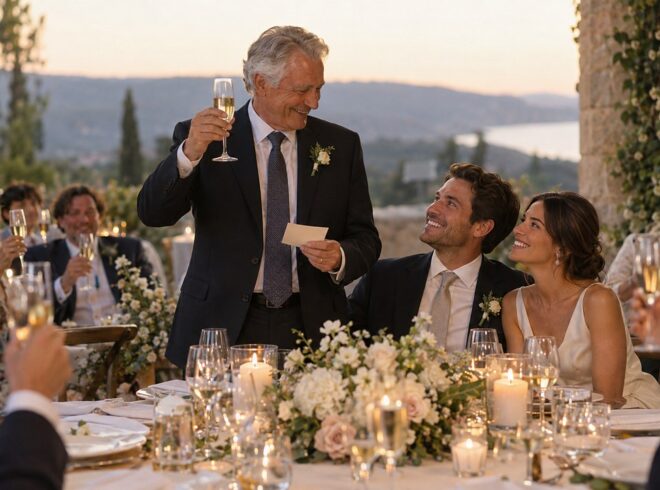 A man with gray hair in a dark suit raises champagne and a white note card at a candlelit table as the bride and groom smile.