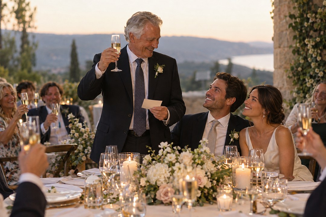 A man with gray hair in a dark suit raises champagne and a white note card at a candlelit table as the bride and groom smile.