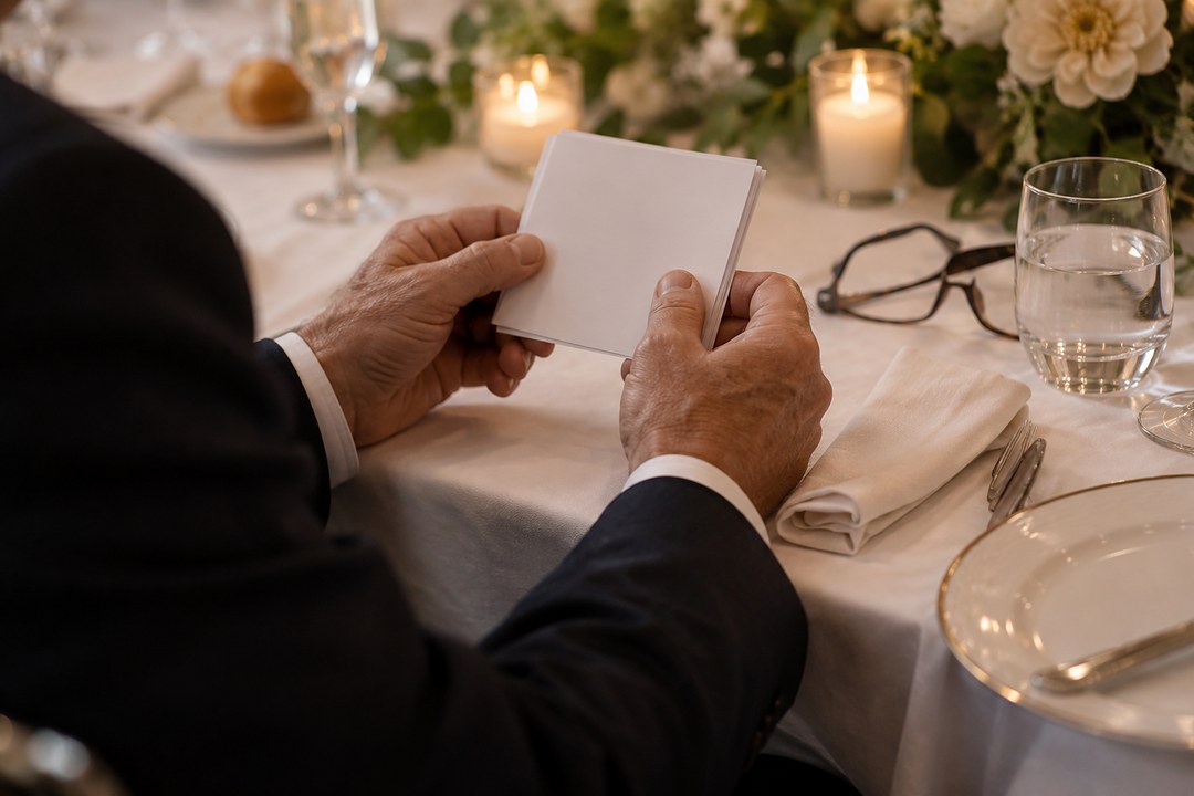 Hands in dark suit sleeves and white cuffs hold white note cards above a tablecloth beside tortoiseshell glasses and candles.