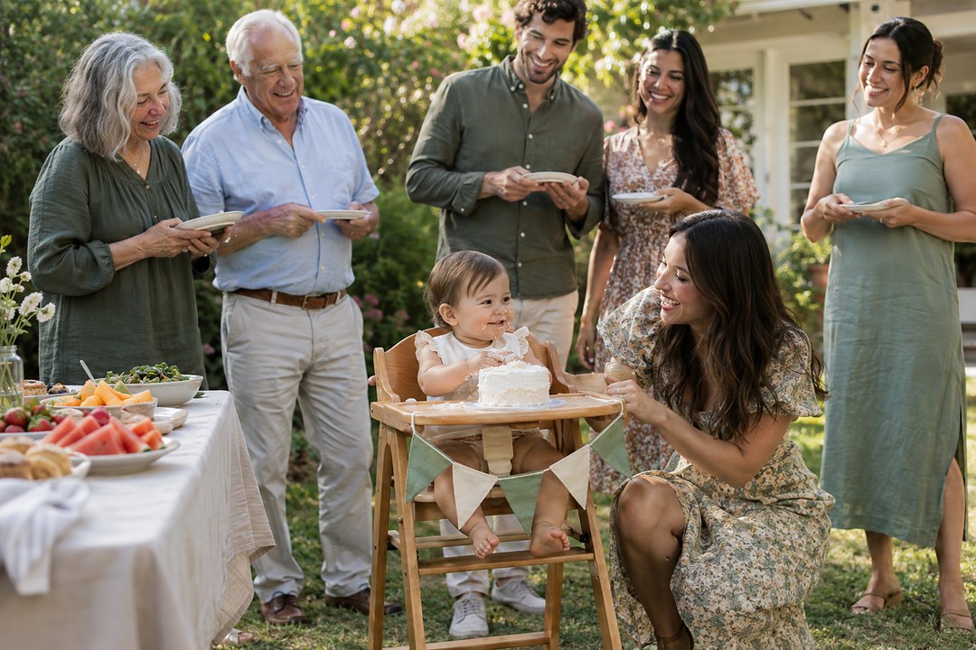 A baby in a high chair touches a white frosted cake at a garden party while a woman in a floral dress crouches beside it.