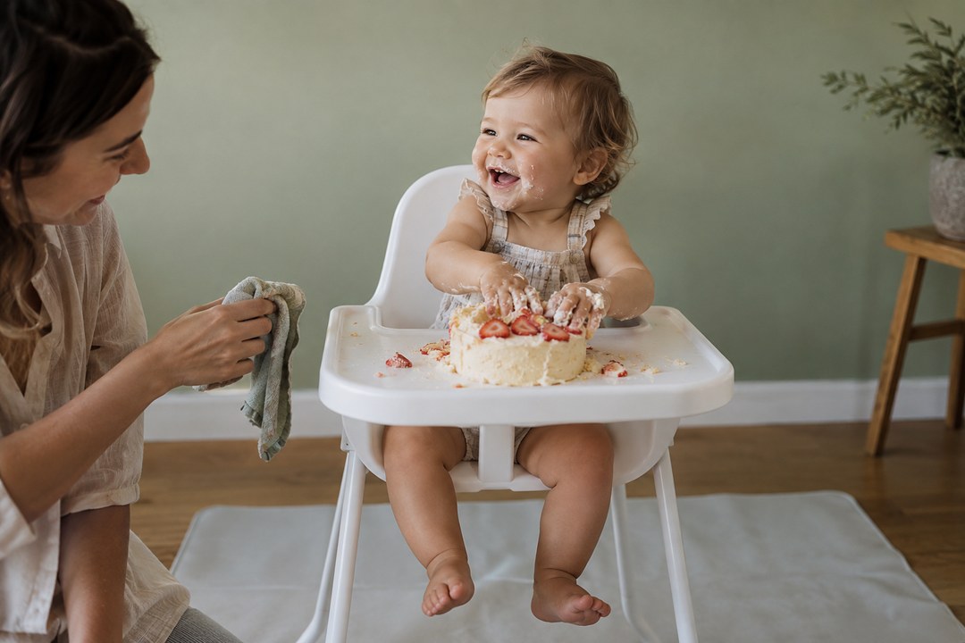 A baby in a white high chair grins with hands in a frosted cake topped with sliced strawberries, frosting on her fingers.