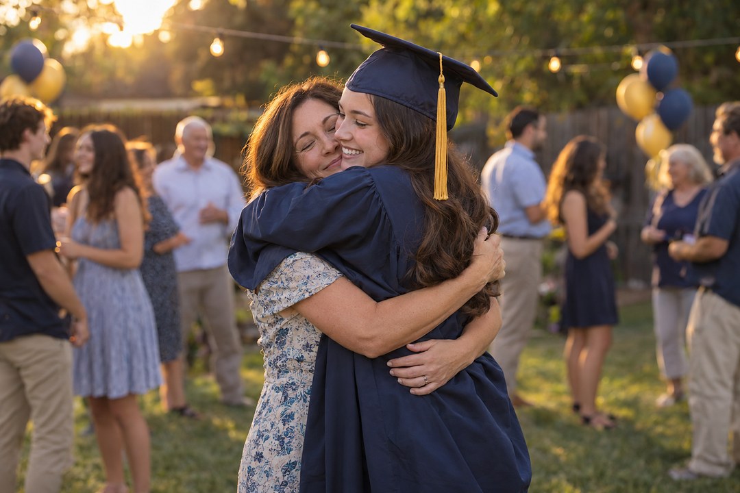 A young woman in a navy cap and gown hugs a woman in a blue floral dress on a lawn at sunset, both smiling with eyes closed.