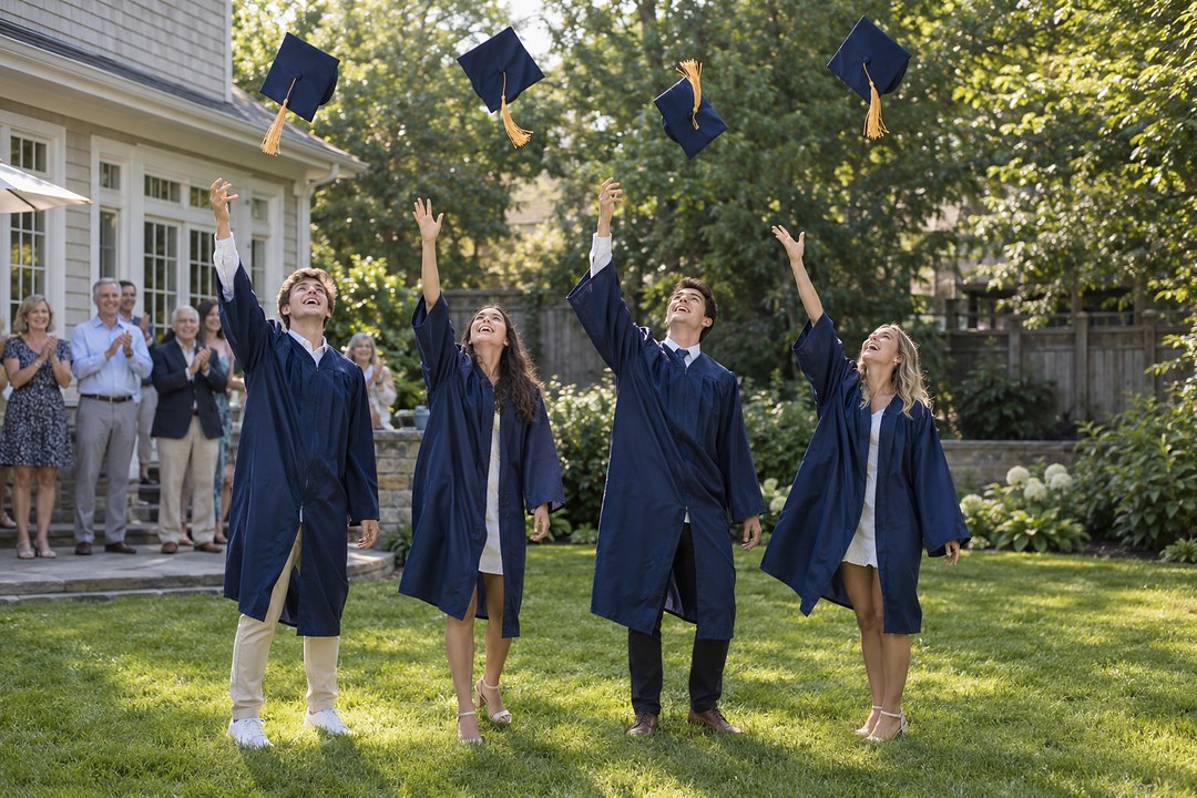 Four graduates in navy gowns raise their arms on a sunny lawn as navy caps with gold tassels fly above them and family claps.