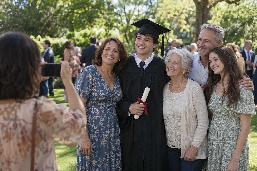 A young man in a black graduation gown and cap holds a diploma tied with red ribbon and smiles as a woman photographs him on a shaded lawn.