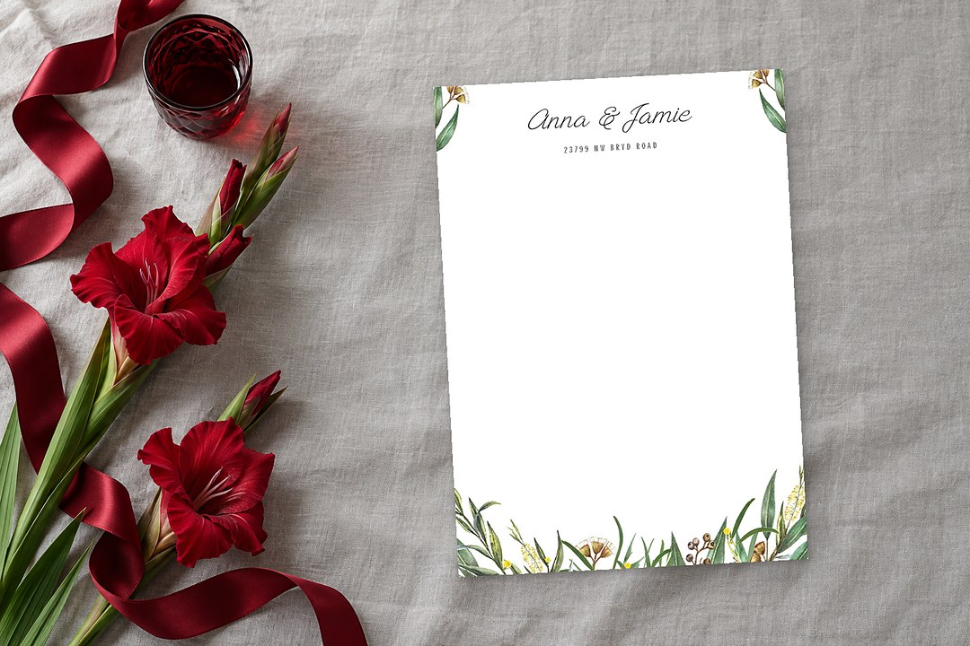 Paperlust A Bouquet white notecard with gum leaves and wattle reads Anna & Jamie on gray linen beside red gladiolus stems.