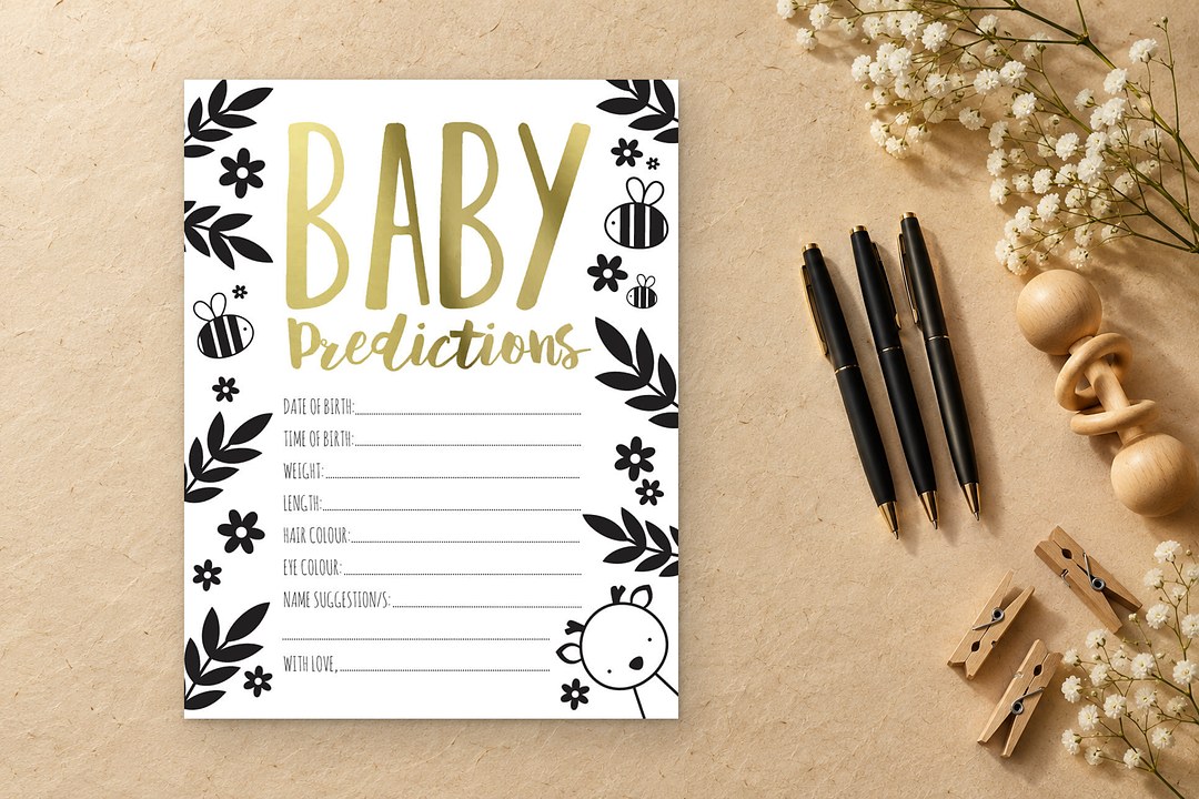 Paperlust Baby Zoo predictions card with black leaf and bee drawings sits on sand toned handmade paper beside pens and a rattle.