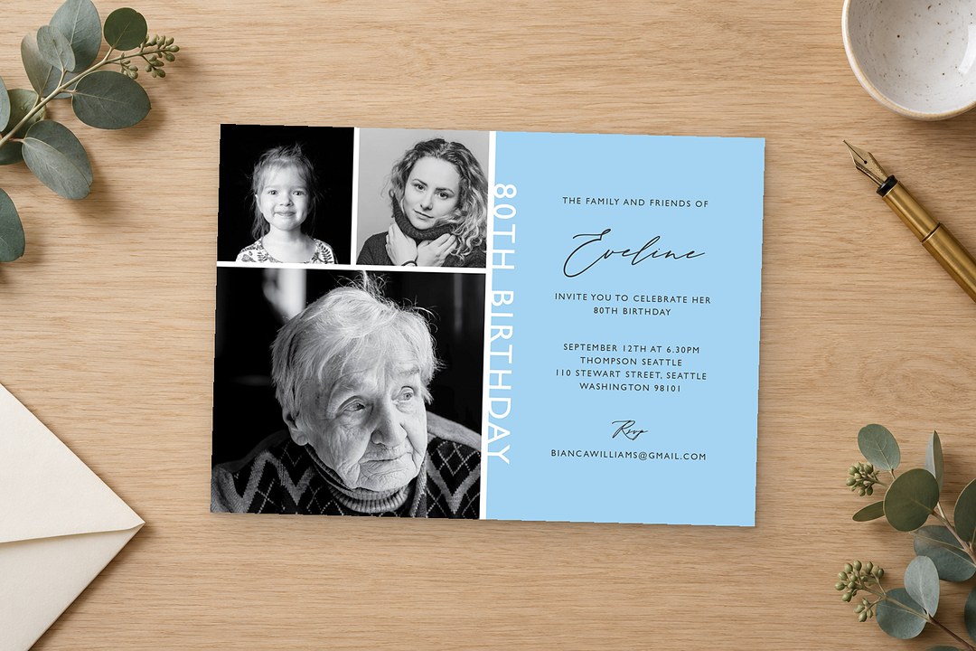 Paperlust Blue Illusion birthday invitation lies on a light oak table with black and white portraits and a pale blue panel.