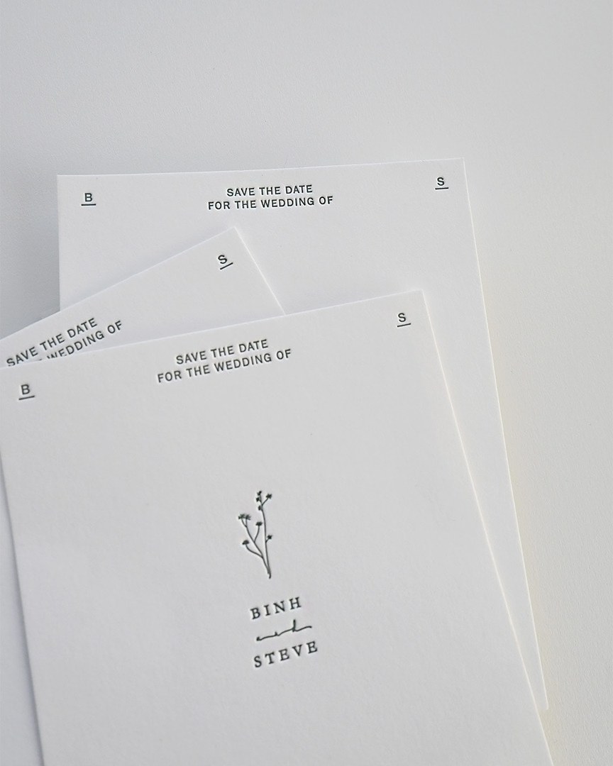 Paperlust Ebb & Flow save the date cards lie fanned on white with dark gray letterpress and a flowering stem above Binh and Steve.