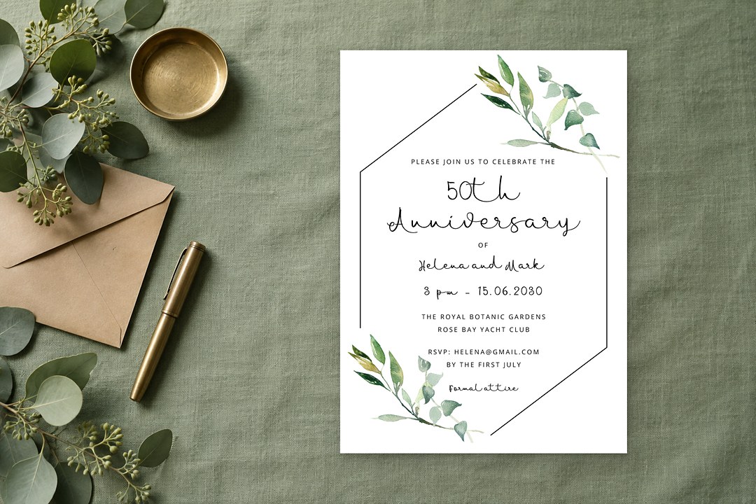 Paperlust Garden Window invitation has green leaves and a black hexagonal frame on sage linen with brass pen and eucalyptus.