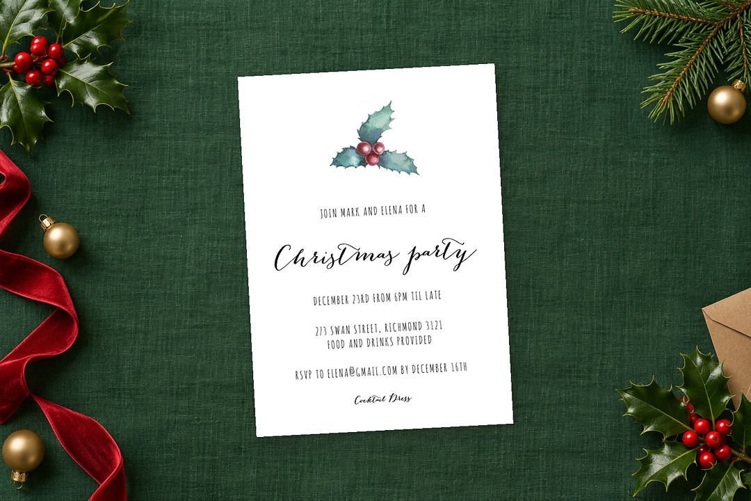 Paperlust Mistle Toe is a white Christmas party invitation on dark green linen with holly, red ribbon and gold baubles.
