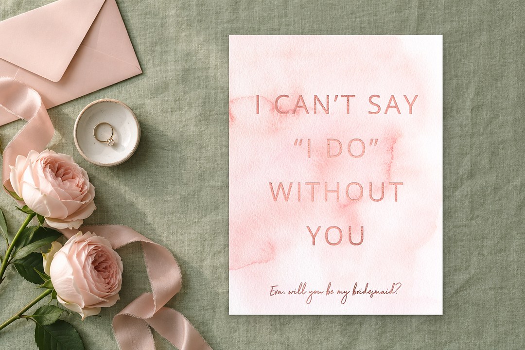 Paperlust Pink Watercolour card on sage green linen with a blush envelope, a gold ring in a ceramic dish and two pink roses.