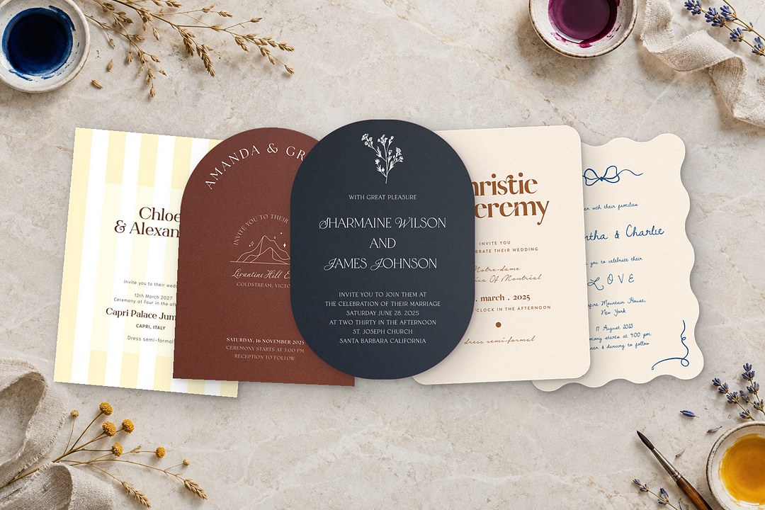 Paperlust Simply Botanical invitations fan across pale limestone with yellow, rust and navy cards near ink dishes, lavender.