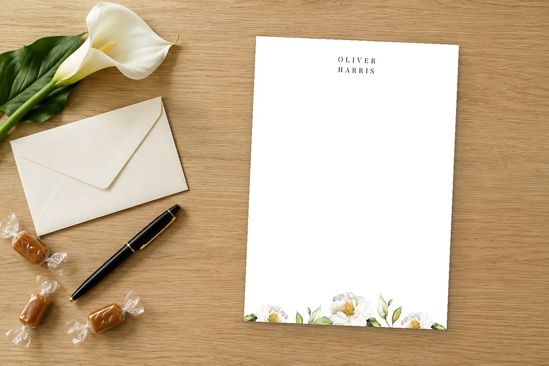 Paperlust White Garden is a white notecard with watercolor flowers on an oak table beside ivory envelope and calla lily stem.