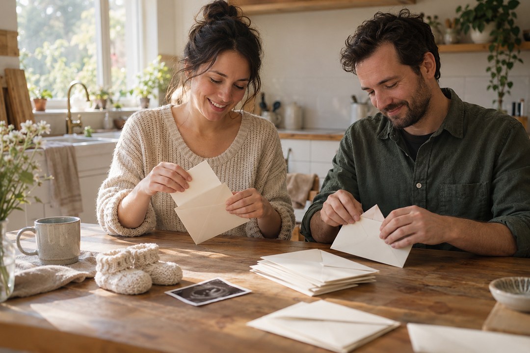 A woman in a cream jumper and a man in a dark green shirt sit at a wooden kitchen table sliding cream cards into envelopes.