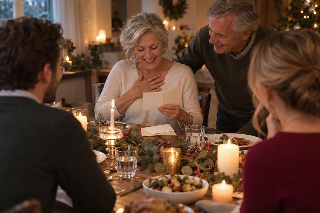 A woman with gray hair in a cream jumper holds an open cream card at a candlelit table with fir, eucalyptus and red berries.