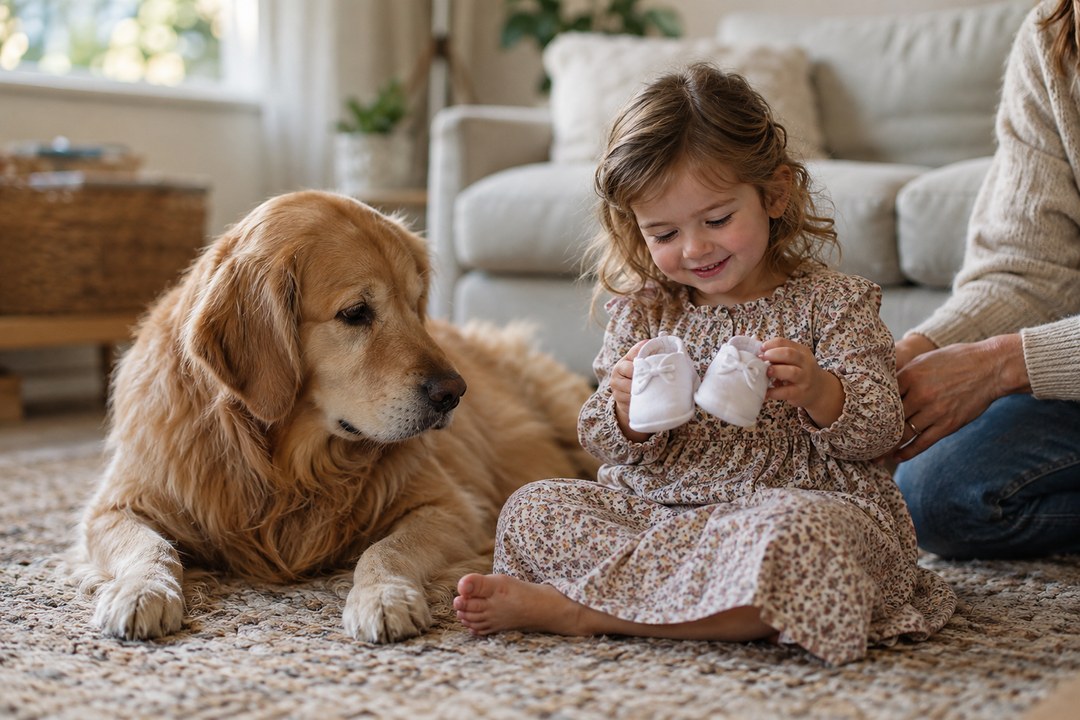 A small girl in a floral dress holds up tiny white baby shoes with bows while a golden retriever lies beside her on a rug.