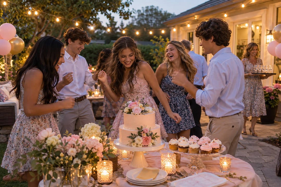Teenagers in party dresses and shirts dance on a patio at dusk beside a pale pink cake with fresh roses and festoon lights.
