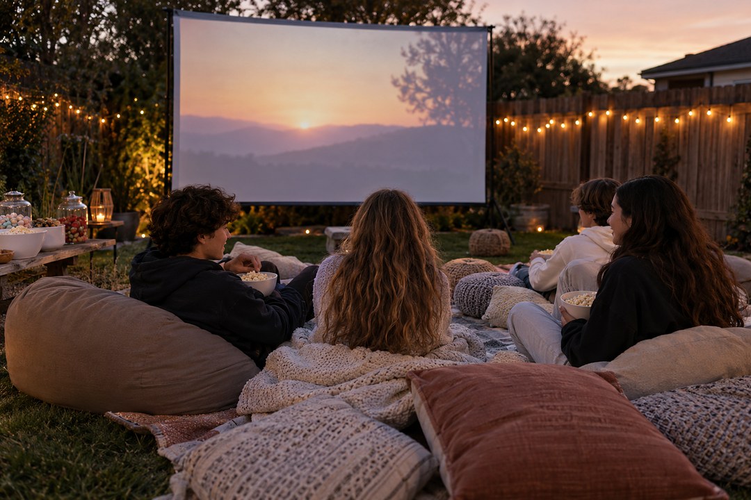 Four teenagers sit on bean bags on a twilight lawn with popcorn bowls, facing a projector screen showing a sunset over hills.