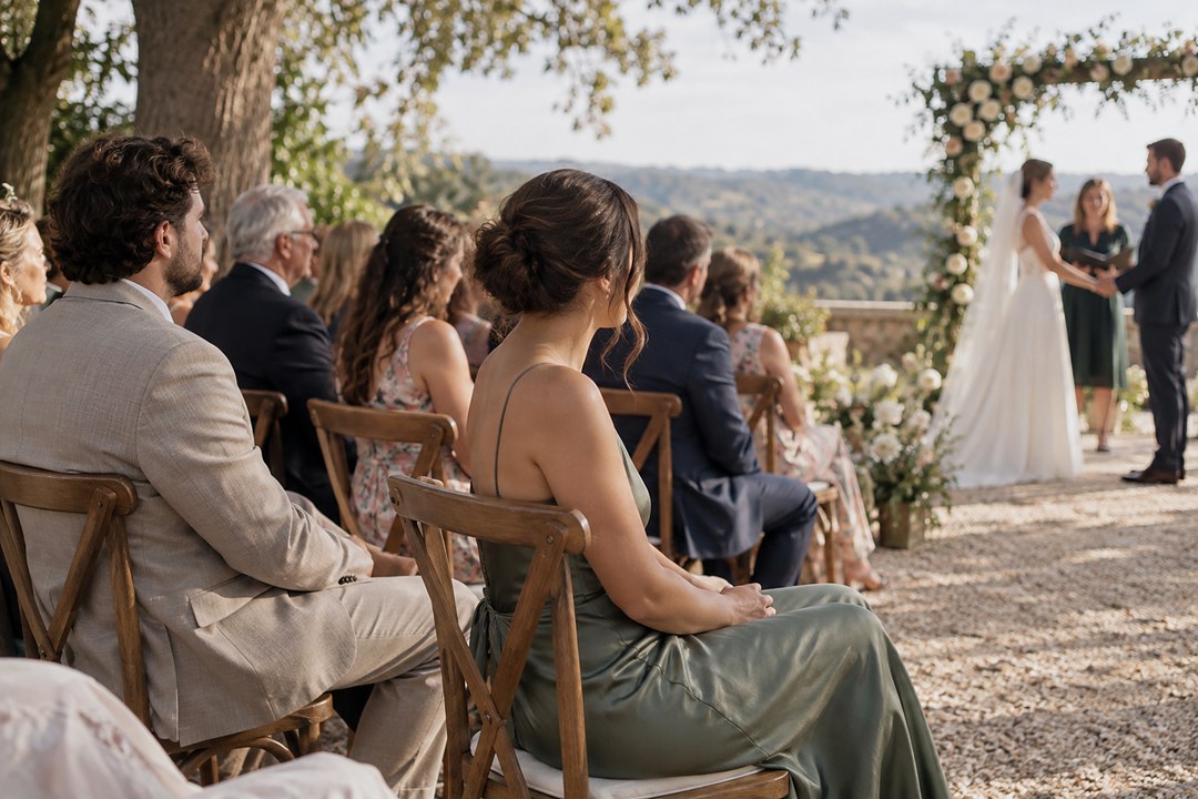 Guests sit in chairs at an outdoor ceremony, hands in laps and no phones, as a couple and the officiant stand under a floral arch.