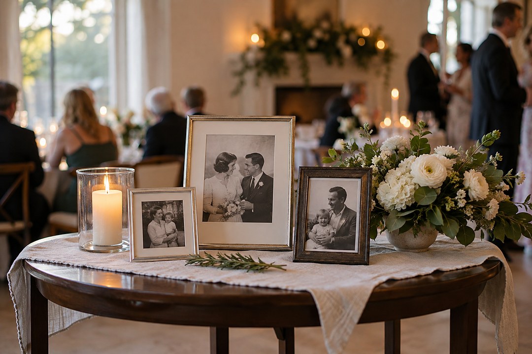 A round side table with a linen runner holds framed black and white photos, a lit candle, and white flowers by blurred guests.