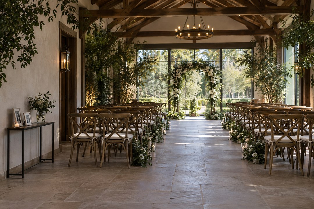 Wooden chairs face a floral arch in an empty ceremony room, and a console table holds photos, a candle, and white flowers.