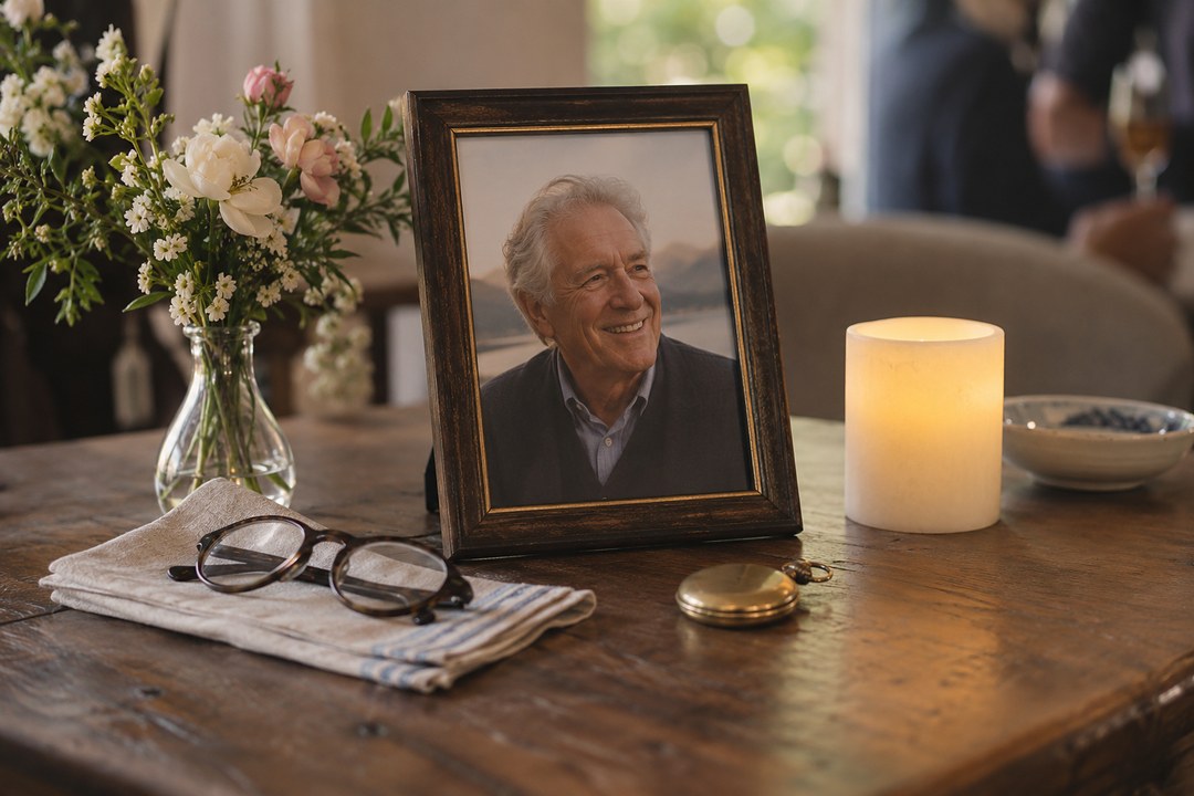 A smiling man with gray hair is framed on a wooden table beside a candle, pocket watch, glasses, and white and pink flowers.