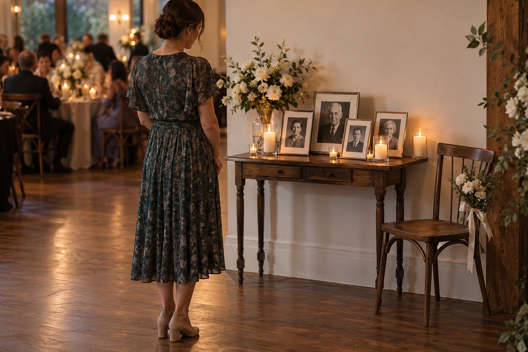 A woman in a dark floral dress, seen from behind, stands at a wooden table holding framed portraits, candles, and white flowers.