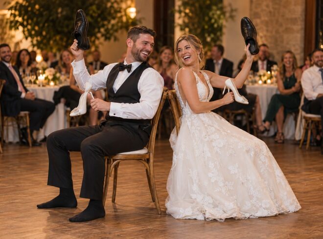 A bride and groom laugh back to back on wooden chairs on a dance floor, each holding a white heel and a black dress shoe.