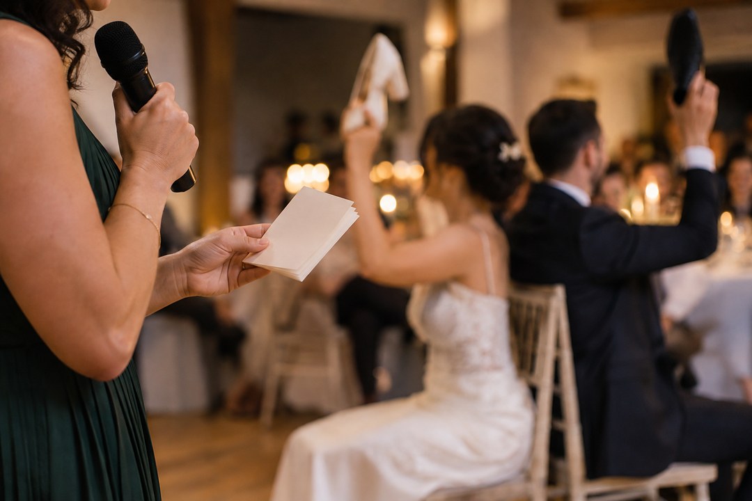 A host's hands hold a black microphone and cream cards, with a bride and groom out of focus behind raising a white heel and a dark shoe.