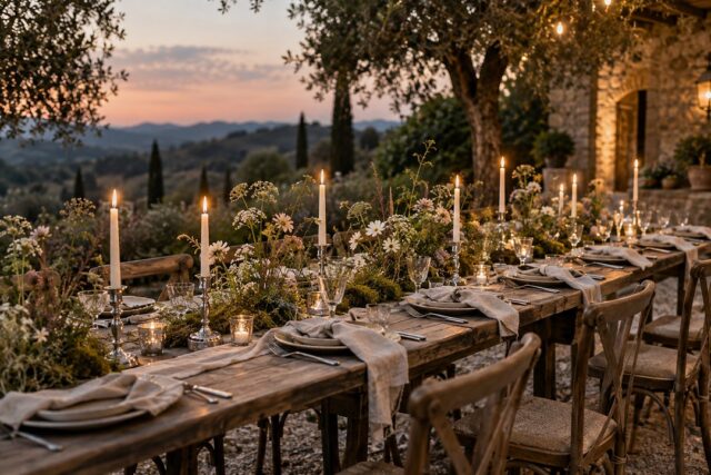 A long rustic wooden dinner table outdoors at dusk holds moss, meadow flowers, white taper candles in silver candlesticks.