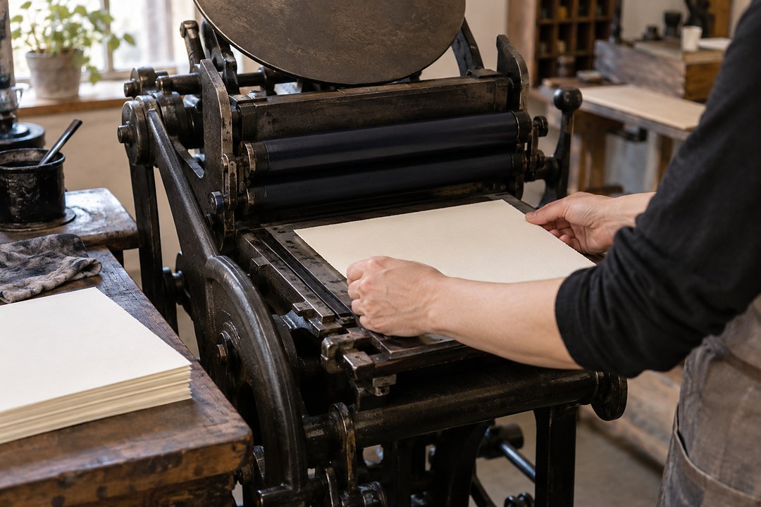 A printer in a dark top and linen apron feeds thick off white cotton paper into a cast iron platen press with dark ink rollers.