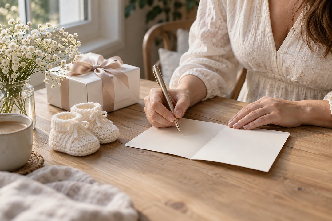 A woman in a cream blouse holds a pen over an open cream greeting card on a wooden table beside a white wrapped gift.